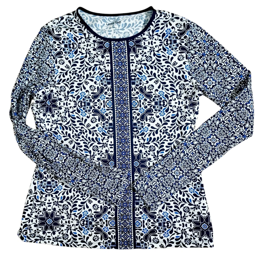 Lands End Blue Print Long Sleeve Rashguard Swim Shirt S (6-8)